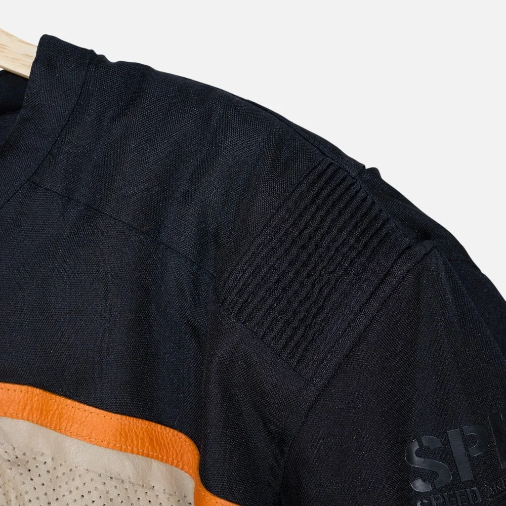 Speed and Strength Motorcycle Jacket Mens Black Orange Leather Trim Large L